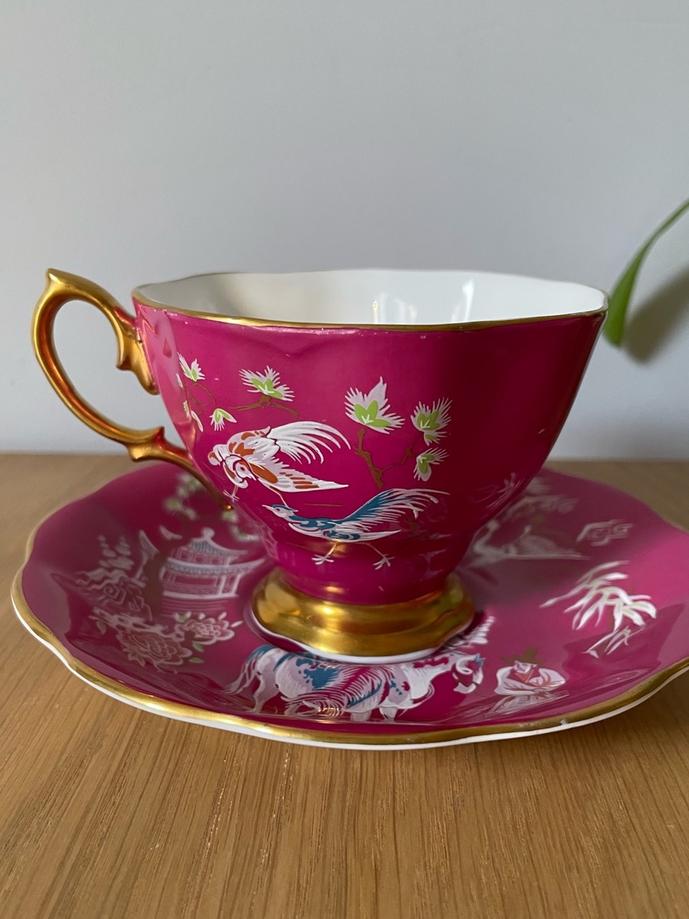 Vintage Royal Albert Bone Magenta Pink Teacup & Saucer Birds